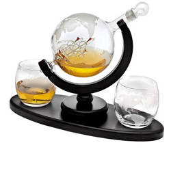 Glass carafe globe for whiskey engraved + 2 glasses