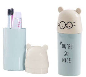 Nádobka na zubní pastu a kartáček s medvídkem - modrá
